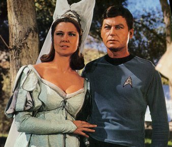 Yeoman Barrows as fairy tale princess, with Dr. McCoy